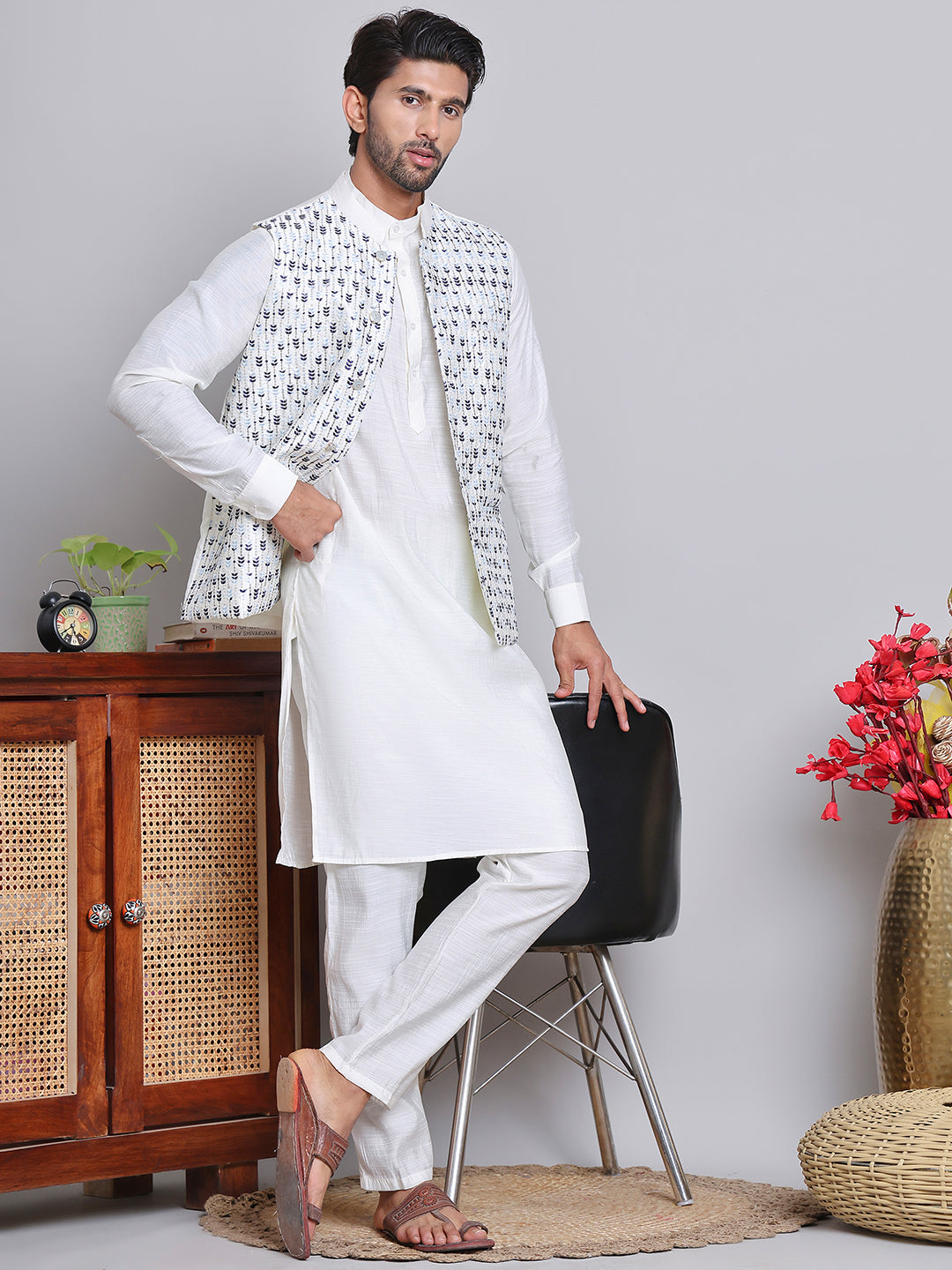 Embroidered Nehru Jacket For Men ( JOWC 4121Blue )