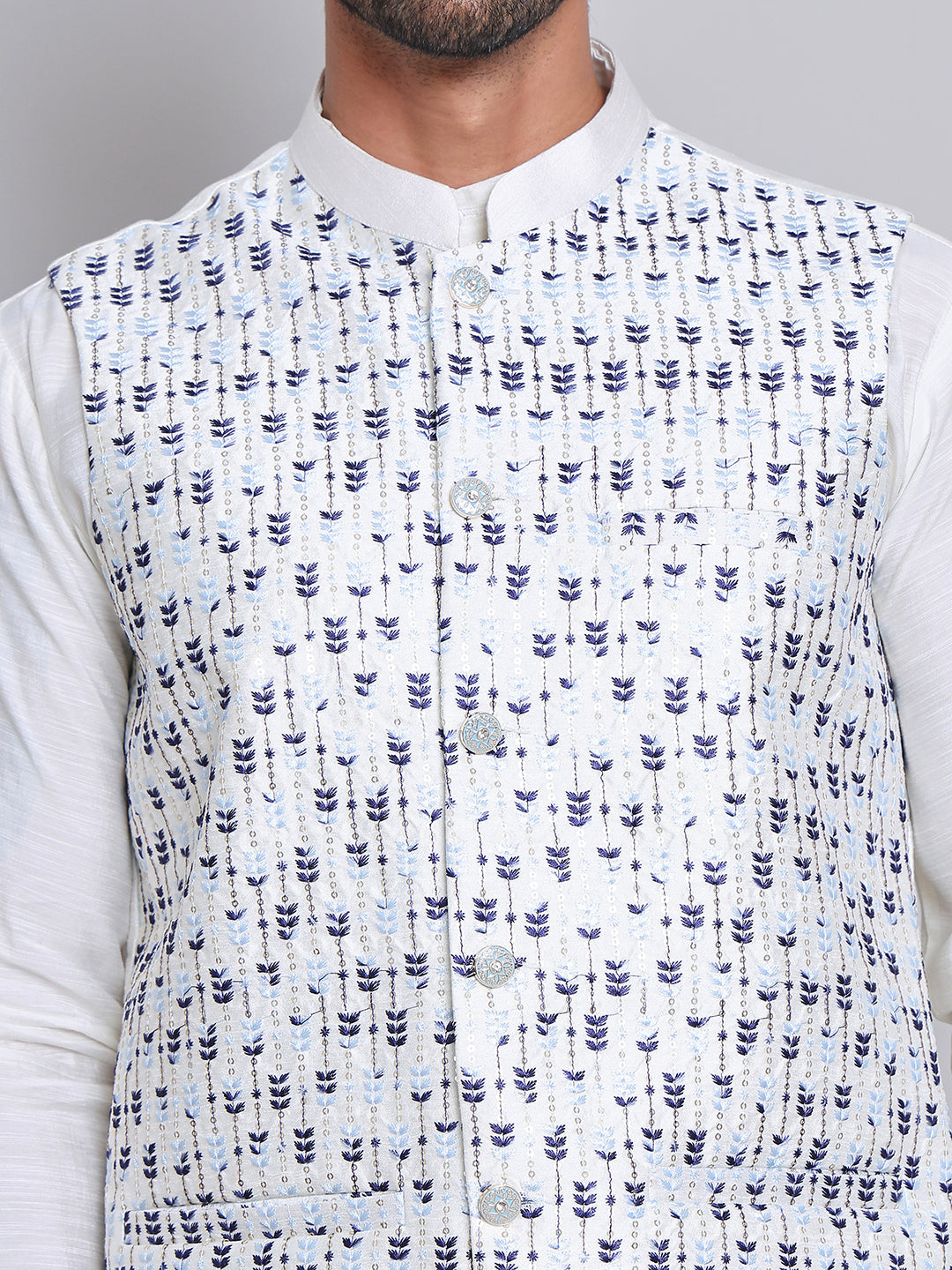 Embroidered Nehru Jacket For Men ( JOWC 4121Blue )