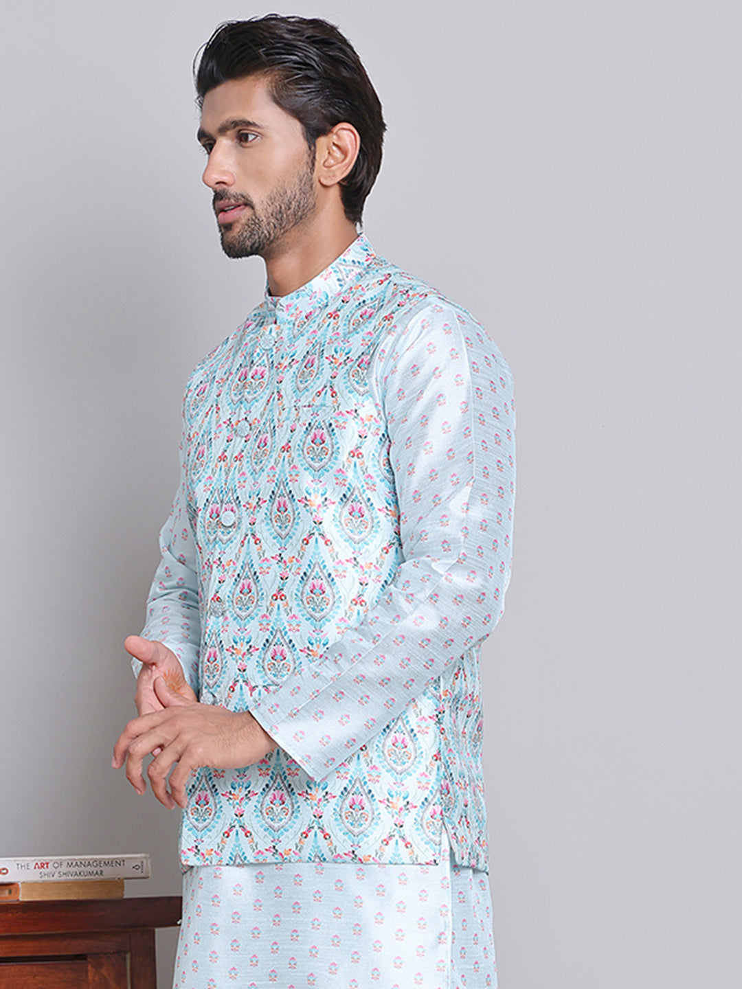 Digital Printed Nehru Jacket For Men ( JOWC 4122Sky )