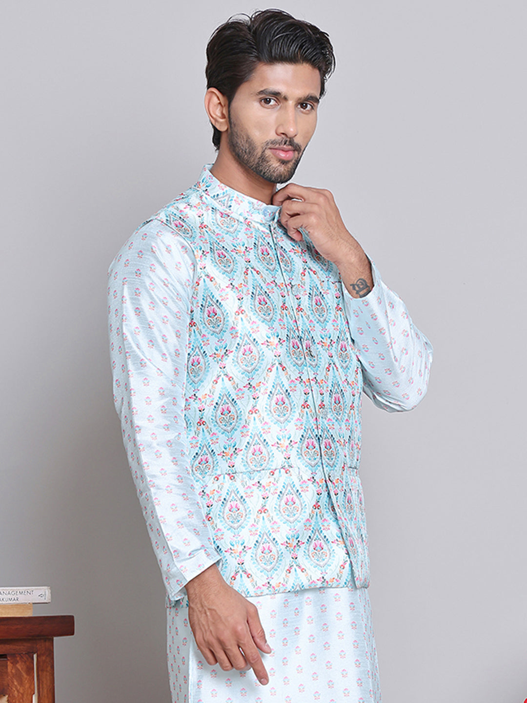 Digital Printed Nehru Jacket For Men ( JOWC 4122Sky )