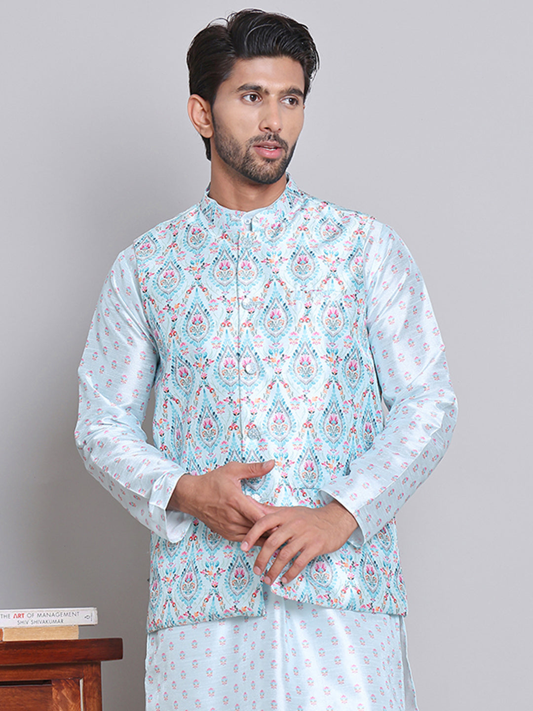 Digital Printed Nehru Jacket For Men ( JOWC 4122Sky )