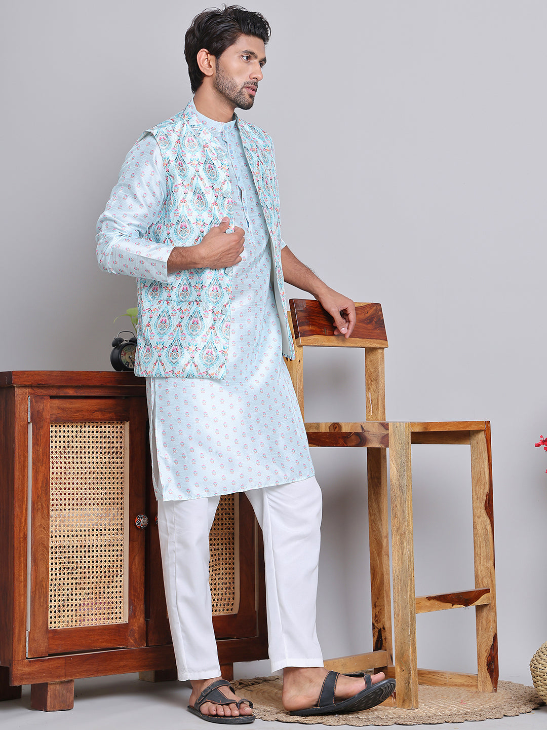 Digital Printed Nehru Jacket For Men ( JOWC 4122Sky )