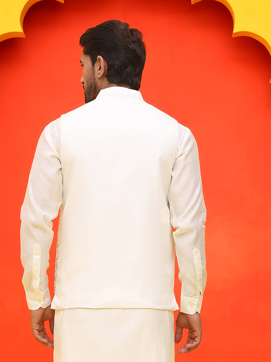 White Embroidered Silk Blend Nehru Jacket for Men ( JOWC 4124 White )