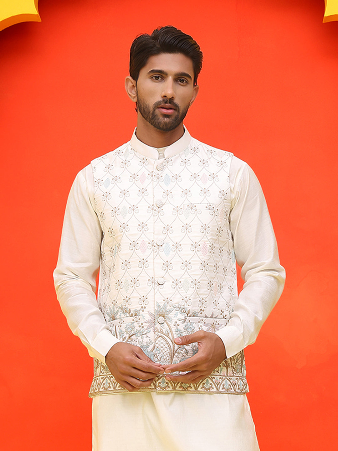 White Embroidered Silk Blend Nehru Jacket for Men ( JOWC 4124 White )