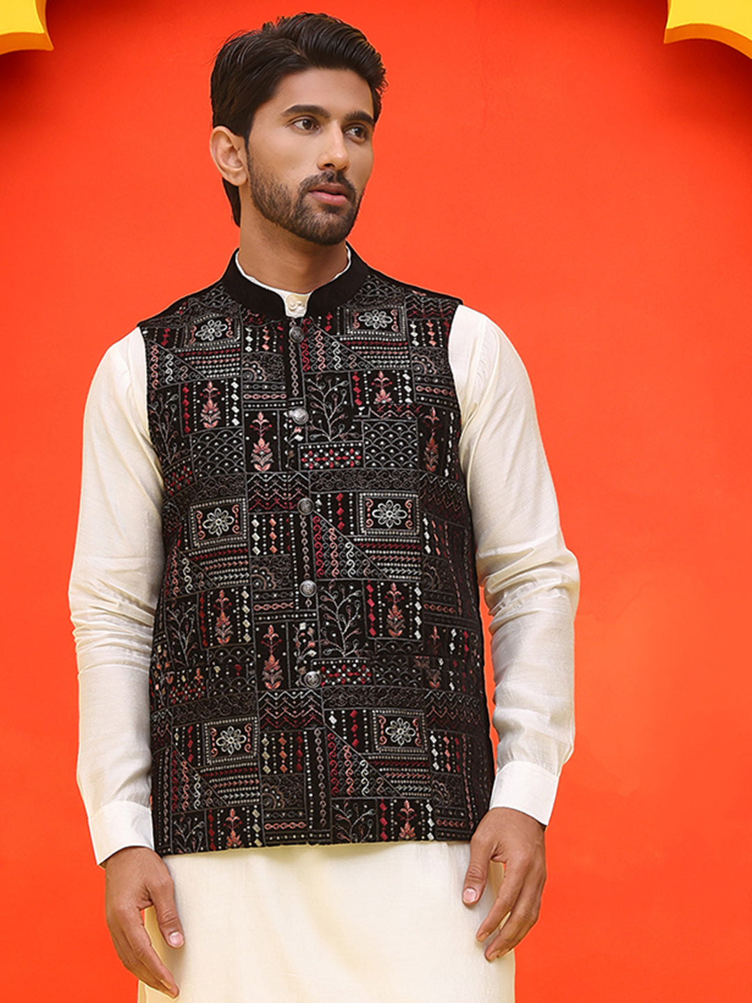 Black Embroidered Velvet Nehru Jacket for Men ( JOWC 4125 Black )
