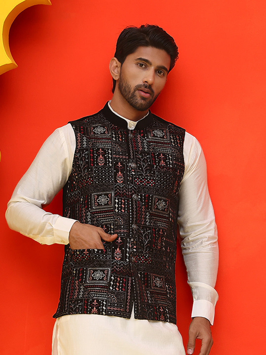 Black Embroidered Velvet Nehru Jacket for Men ( JOWC 4125 Black )