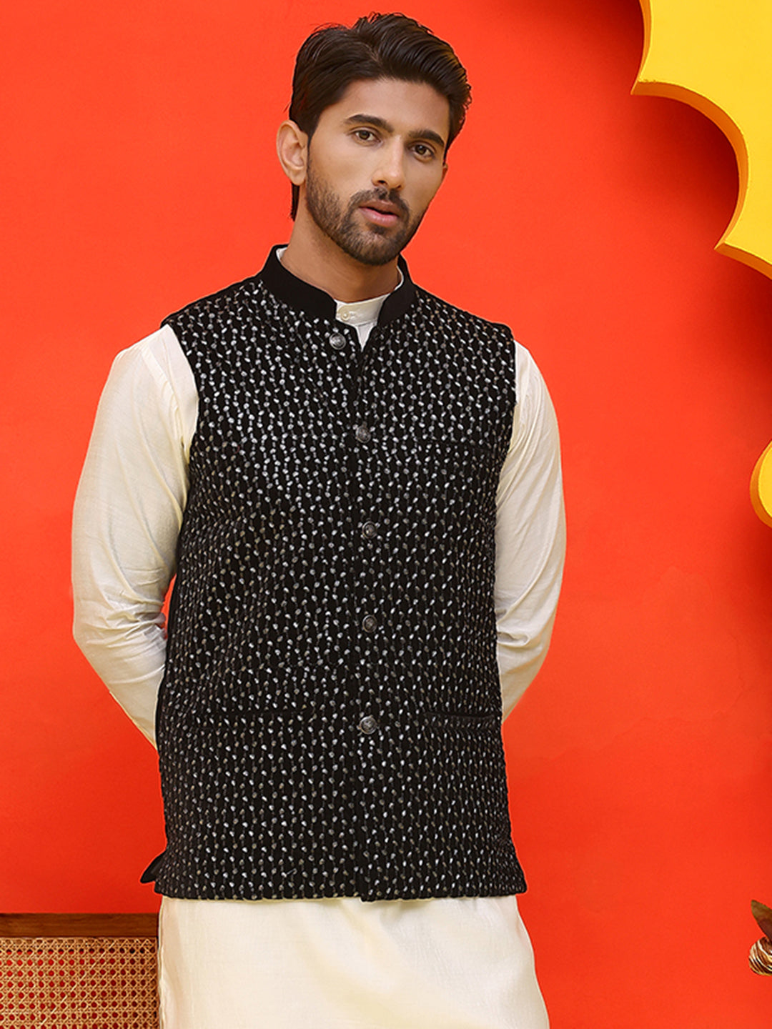 Black Embroidered Velvet Nehru Jacket for Men ( JOWC 4126 Black )
