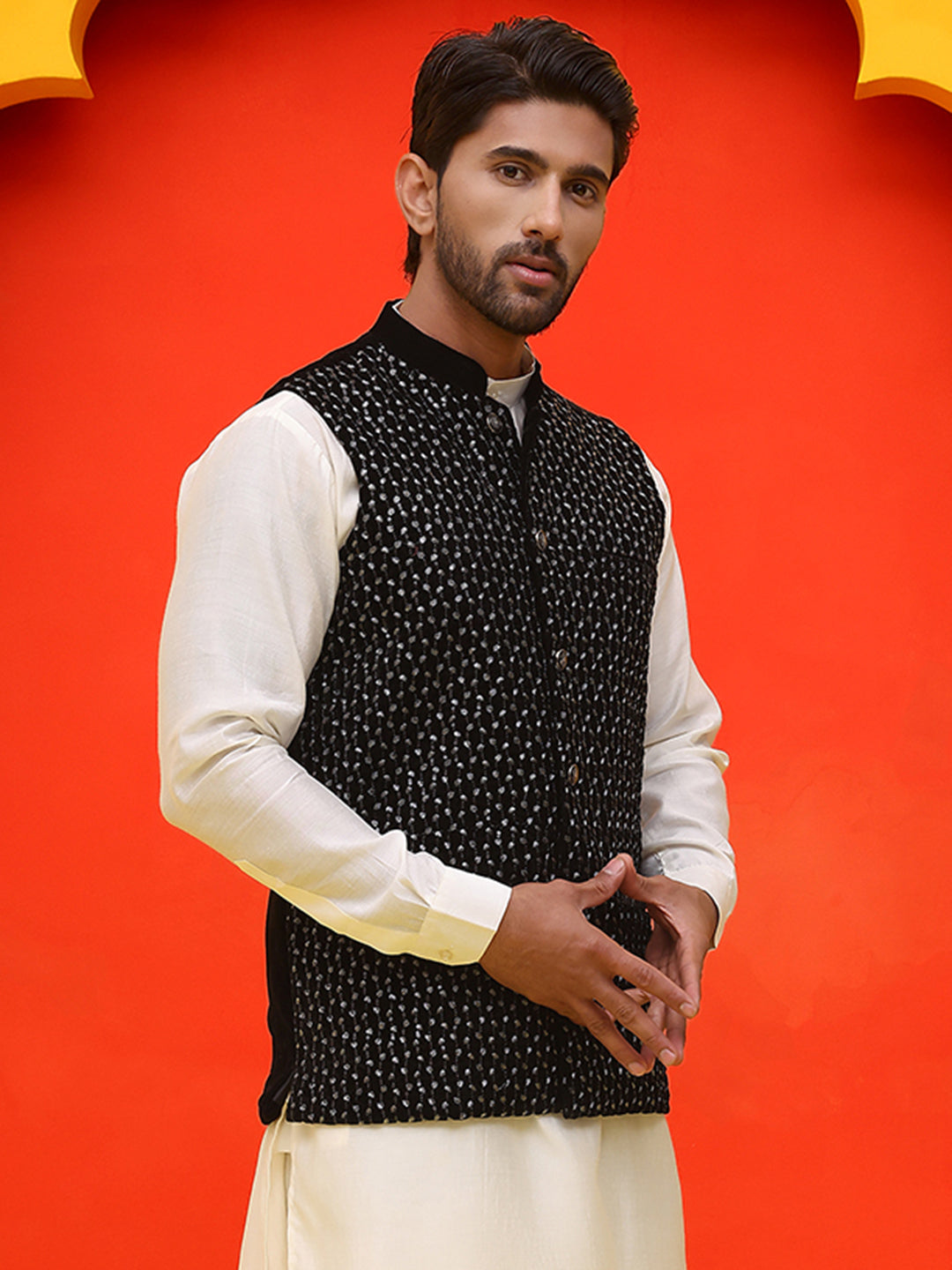 Black Embroidered Velvet Nehru Jacket for Men ( JOWC 4126 Black )