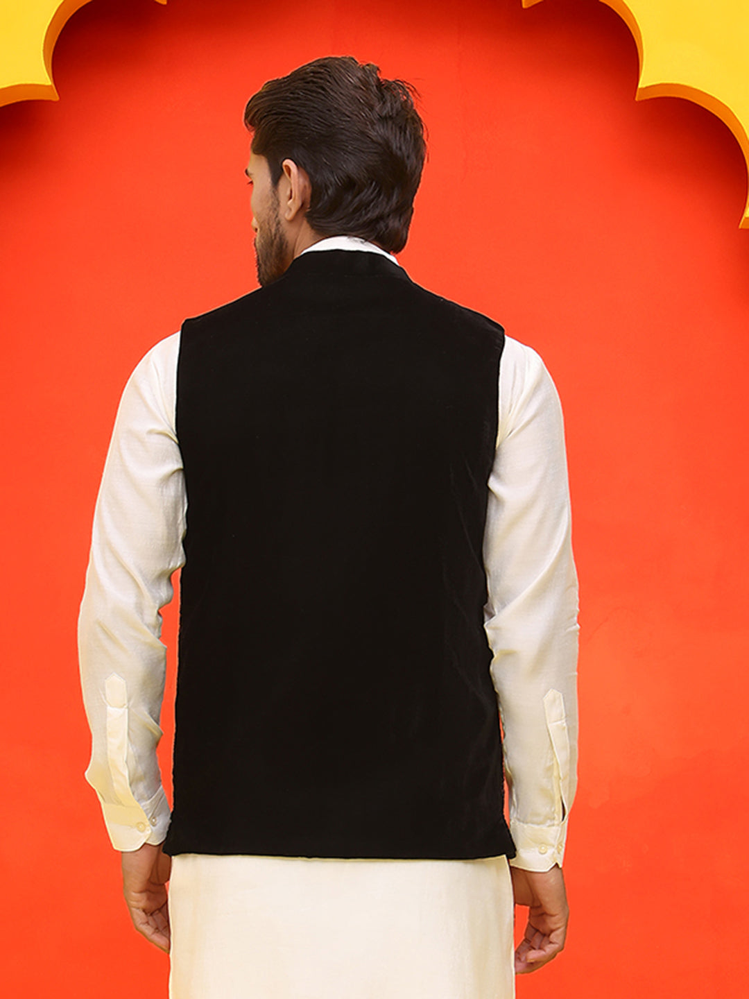Black Embroidered Velvet Nehru Jacket for Men ( JOWC 4126 Black )
