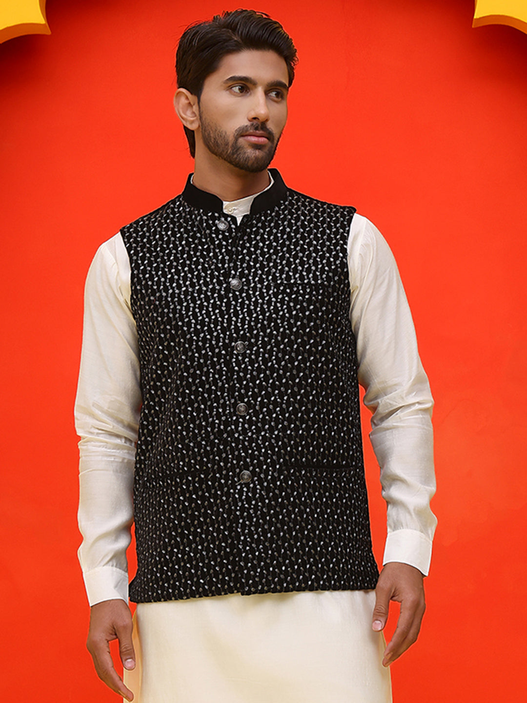 Black Embroidered Velvet Nehru Jacket for Men ( JOWC 4126 Black )