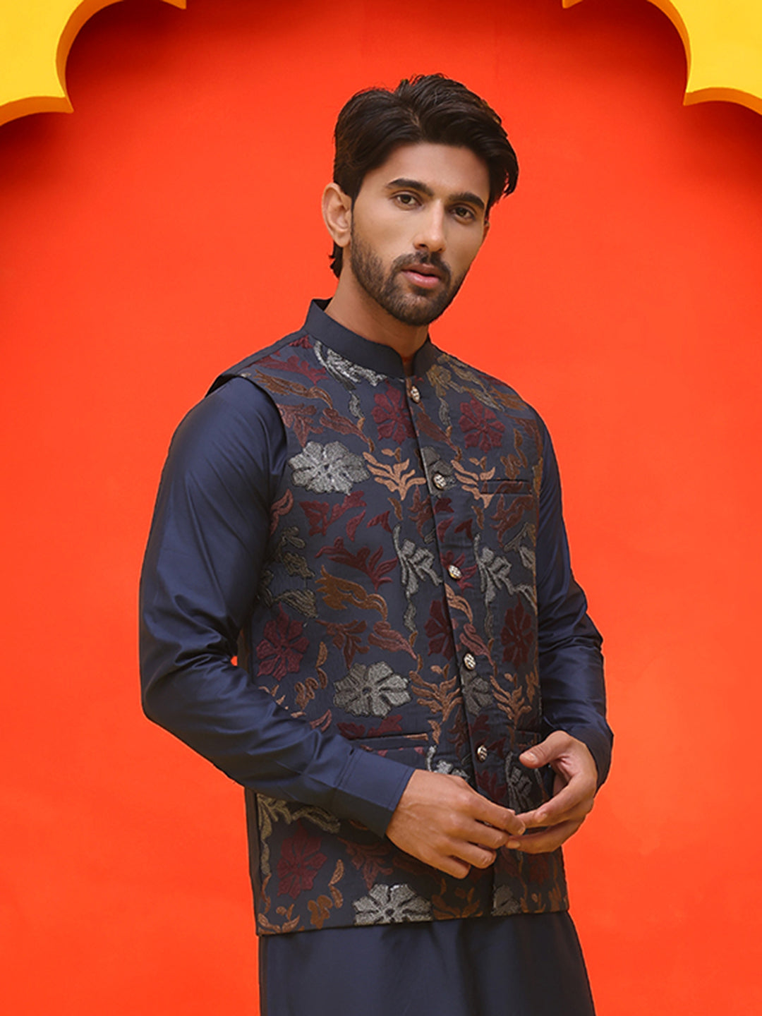 Embroidered Silk Blend Nehru Jacket ( JOWC 4127 Navy )