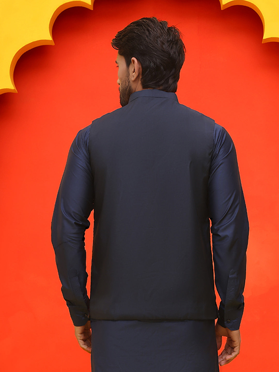 Embroidered Silk Blend Nehru Jacket ( JOWC 4127 Navy )