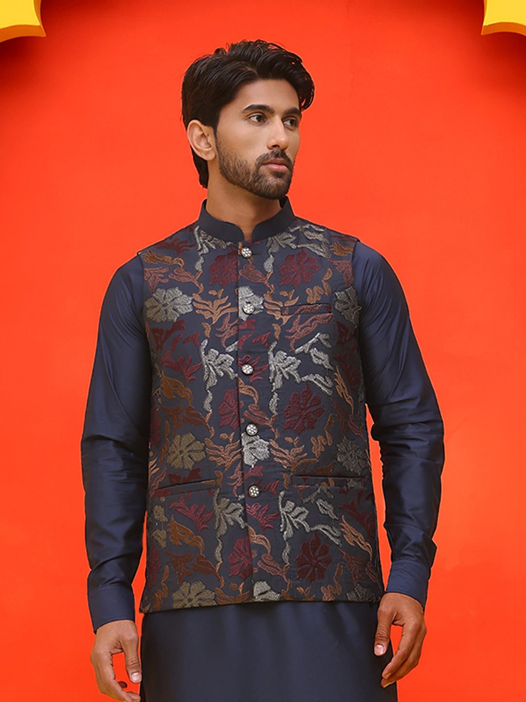 Embroidered Silk Blend Nehru Jacket ( JOWC 4127 Navy )