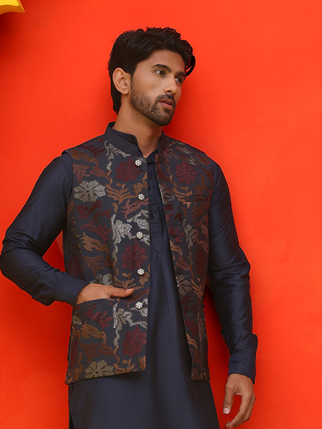 Embroidered Silk Blend Nehru Jacket ( JOWC 4127 Navy )