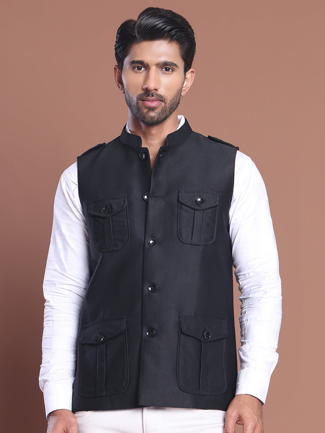 Black Soild Nehru Jacket for Men ( JOWC 4128 Black )