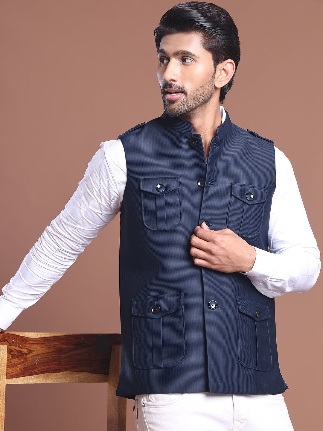 Navy Blue Soild Nehru Jacket for Men ( JOWC 4128 Navy )