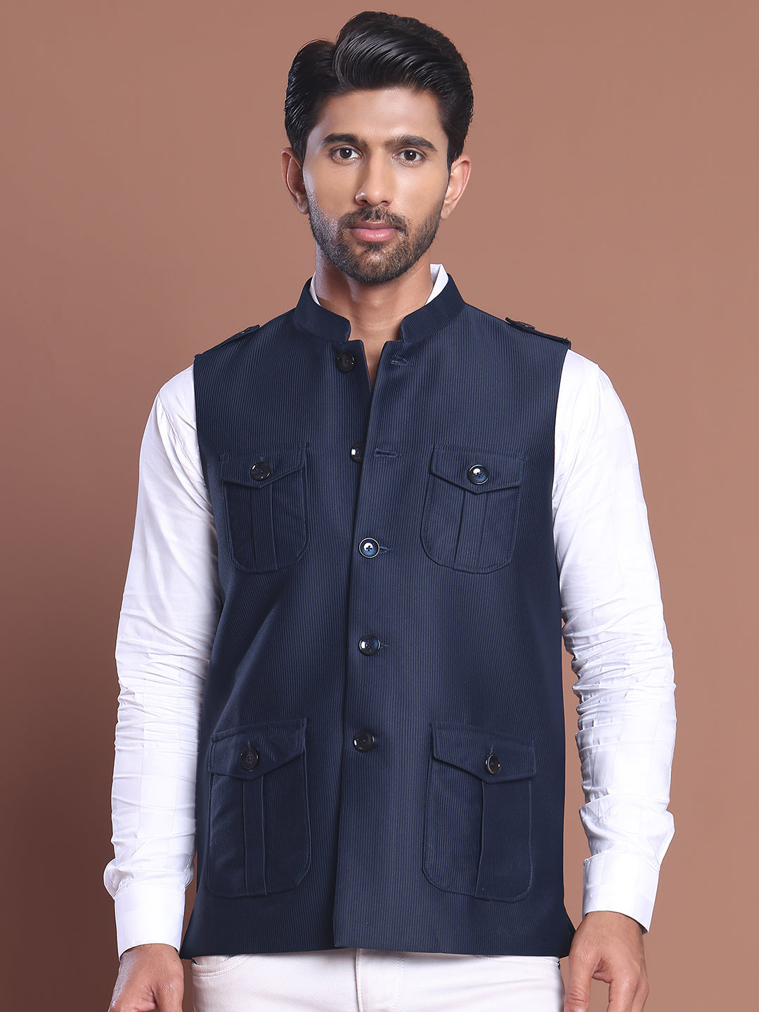 Navy Blue Soild Nehru Jacket for Men ( JOWC 4128 Navy )