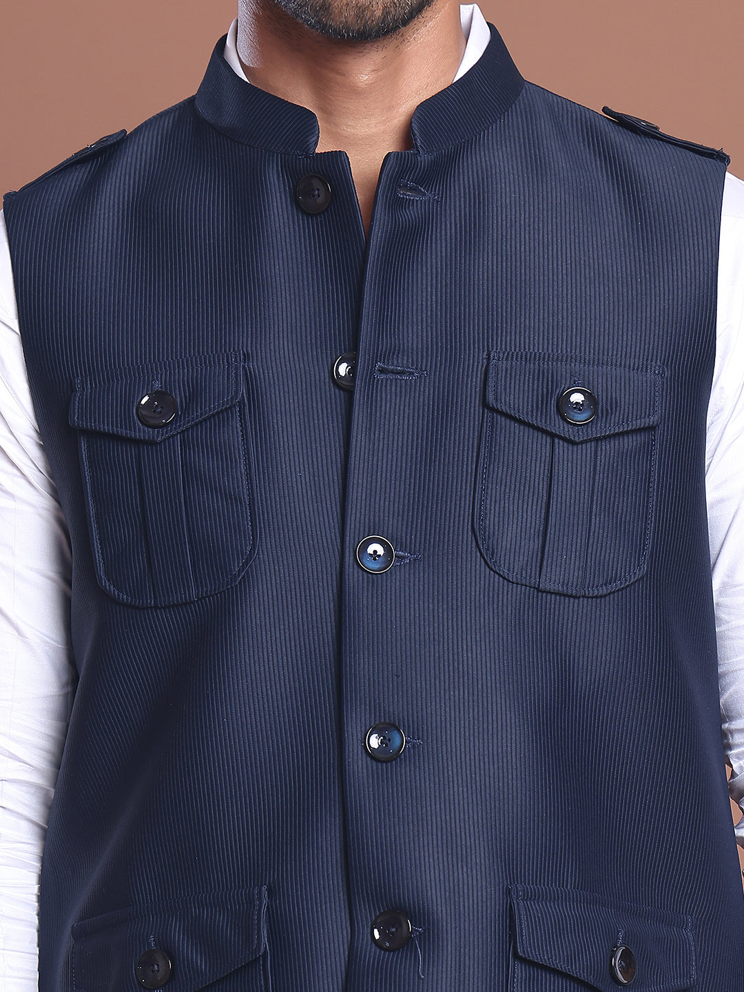 Navy Blue Soild Nehru Jacket for Men ( JOWC 4128 Navy )