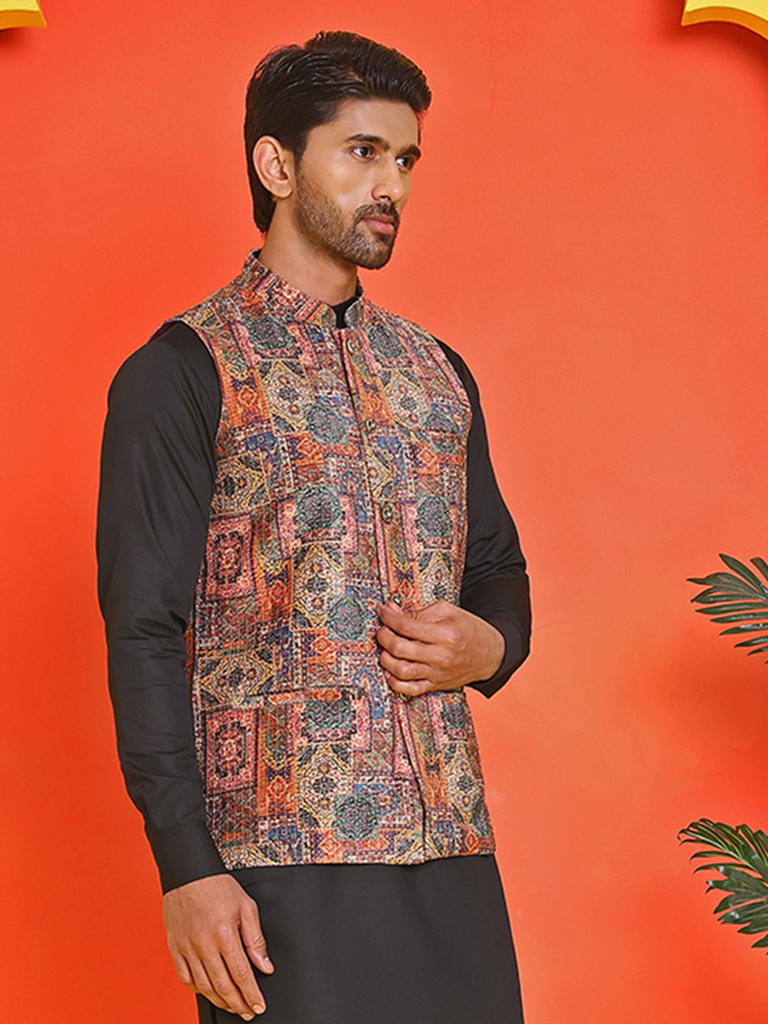 Printed & Sequins Velvet Nehru Jacket for Men ( JOWC 4132 Orange )