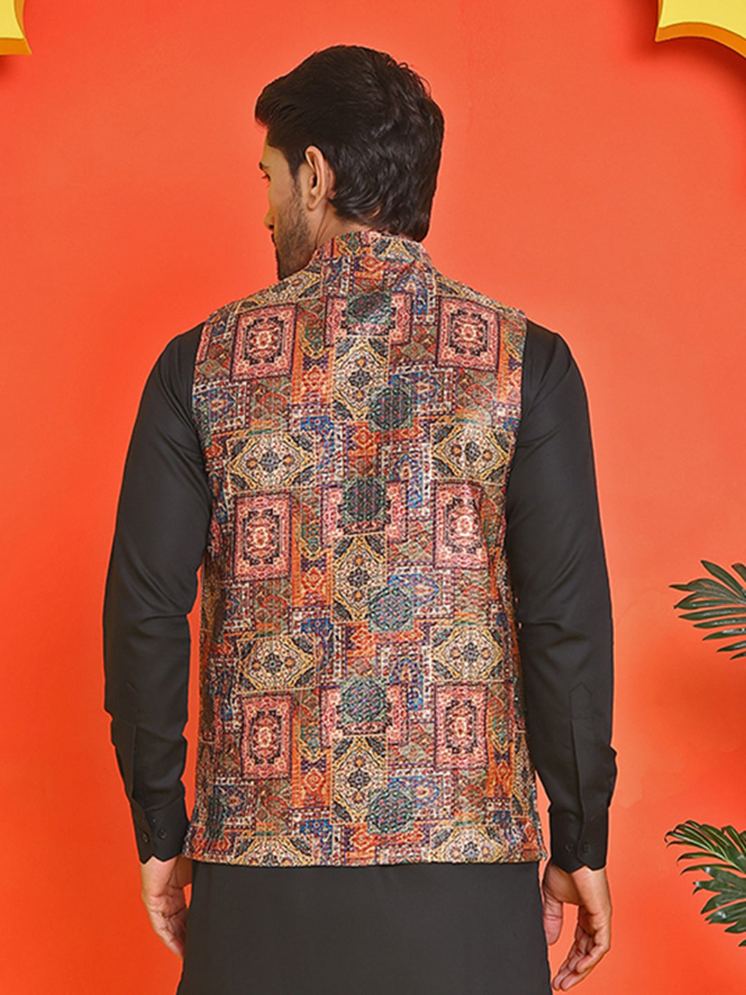 Printed & Sequins Velvet Nehru Jacket for Men ( JOWC 4132 Orange )