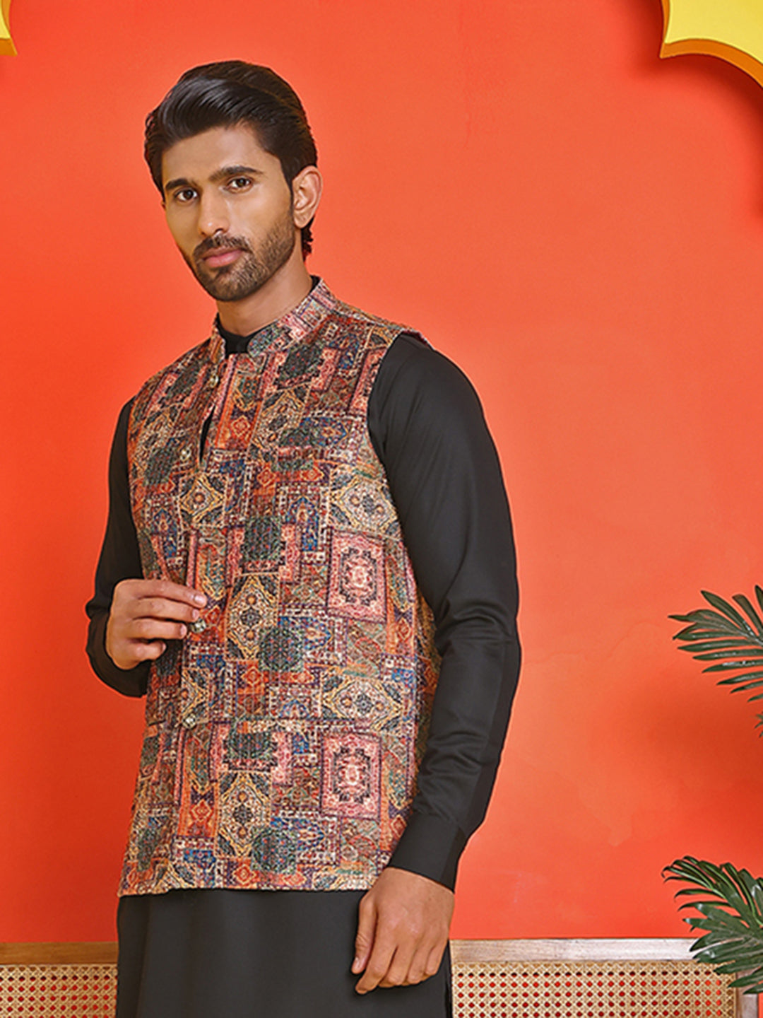 Printed & Sequins Velvet Nehru Jacket for Men ( JOWC 4132 Orange )