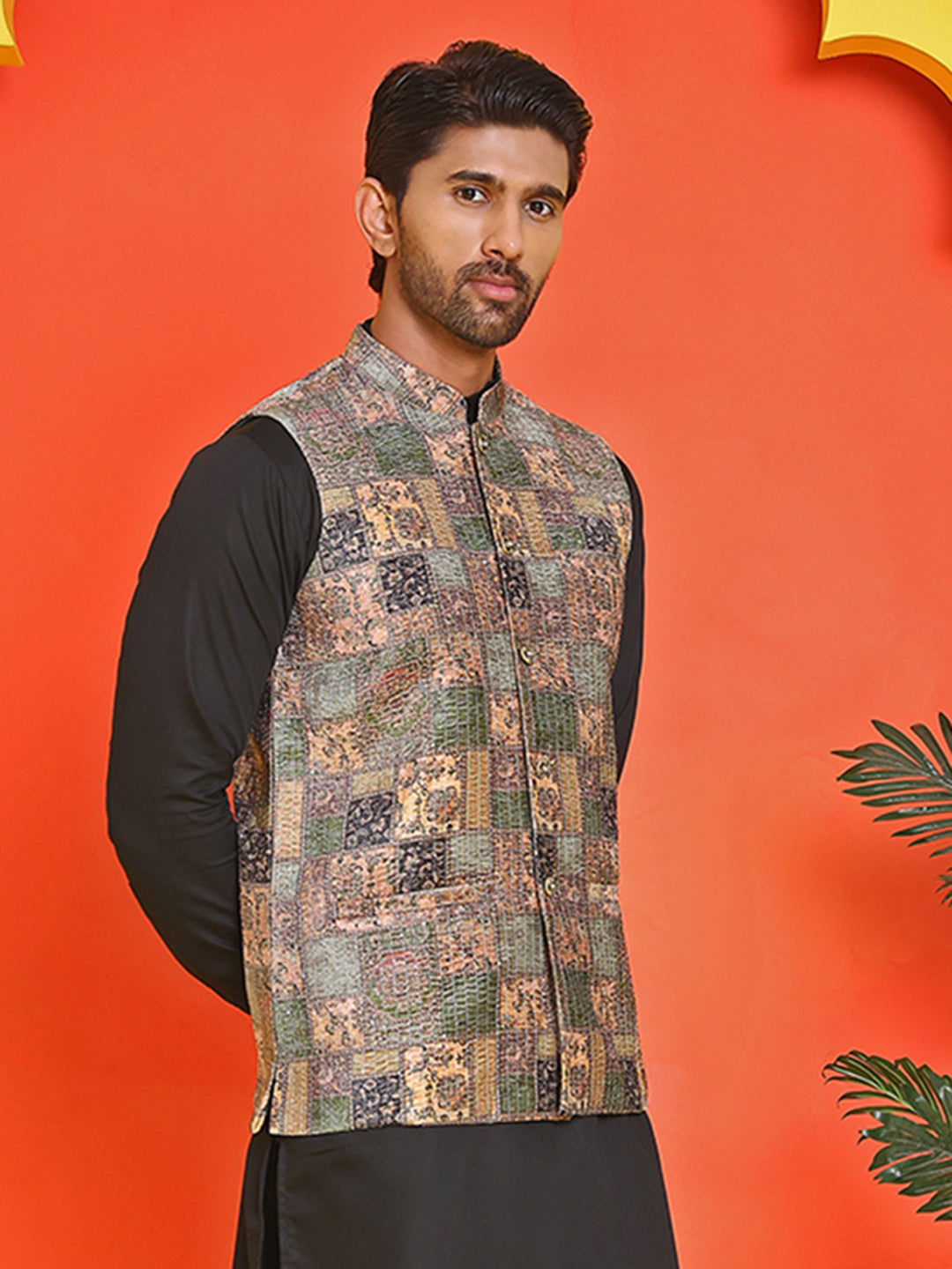 Printed & Sequins Velvet Nehru Jacket for Men ( JOWC 4132 Peach )