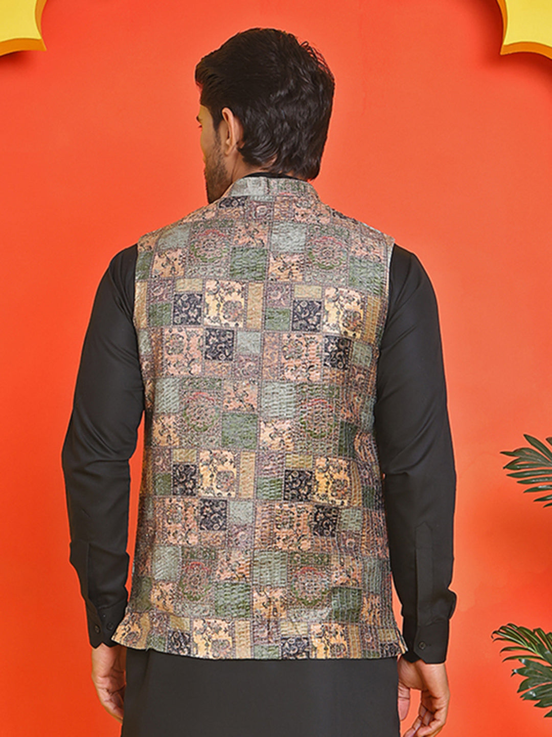 Printed & Sequins Velvet Nehru Jacket for Men ( JOWC 4132 Peach )