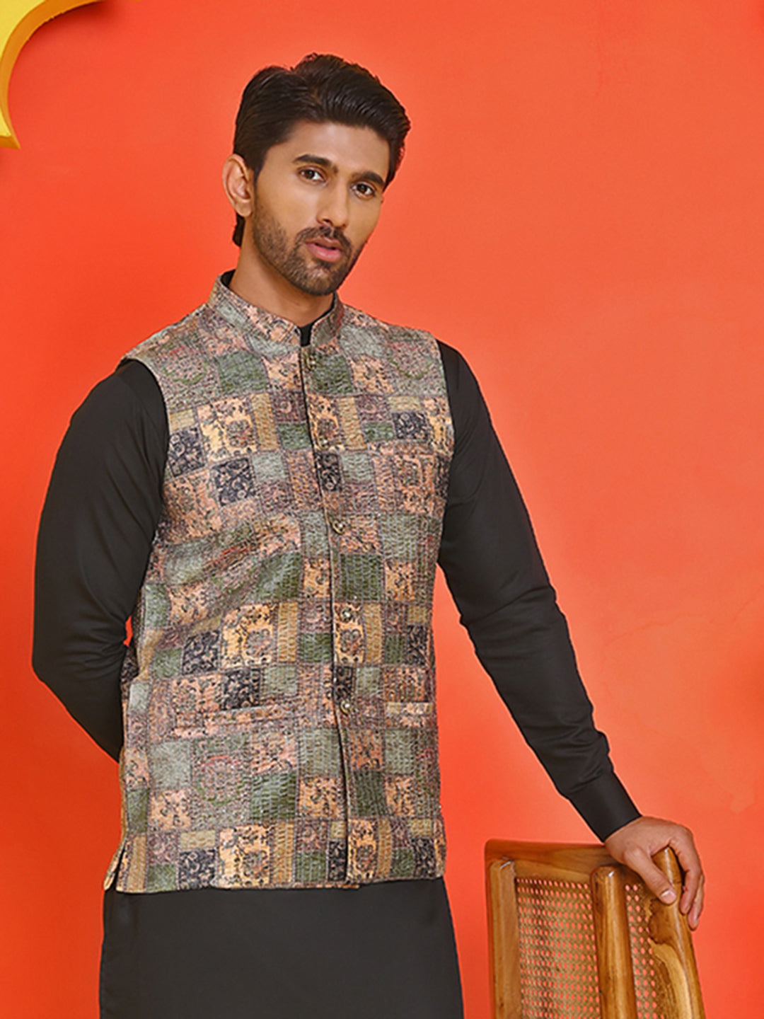 Printed & Sequins Velvet Nehru Jacket for Men ( JOWC 4132 Peach )