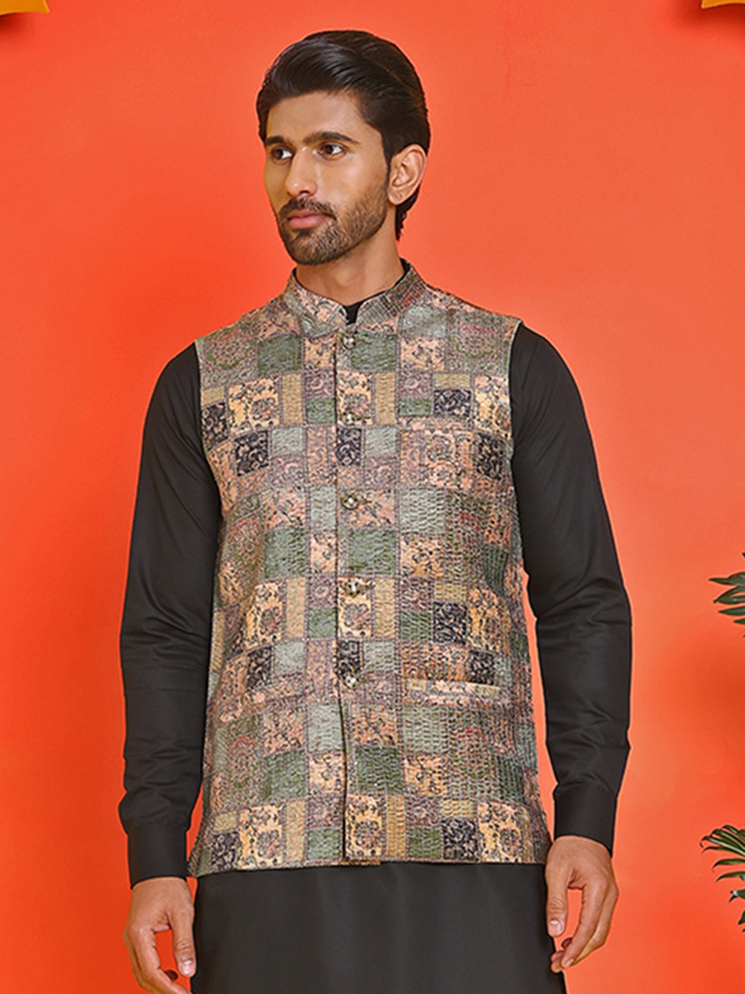 Printed & Sequins Velvet Nehru Jacket for Men ( JOWC 4132 Peach )