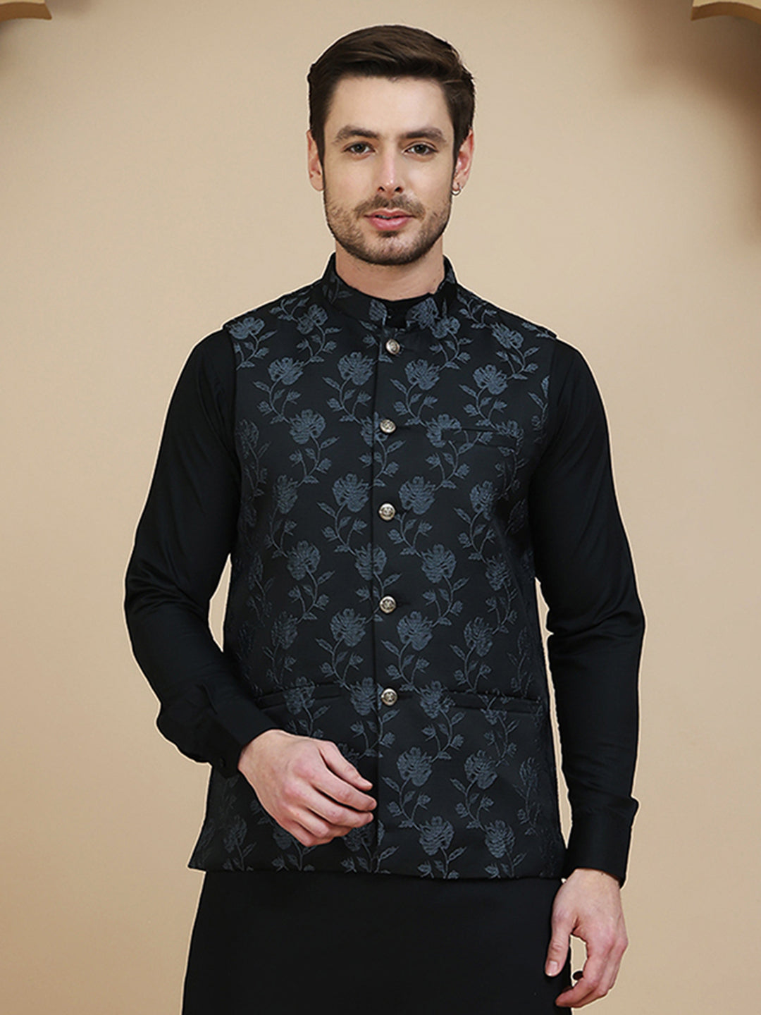 Embossed Nehru Jacket for Men ( JOWC 4133 Grey )