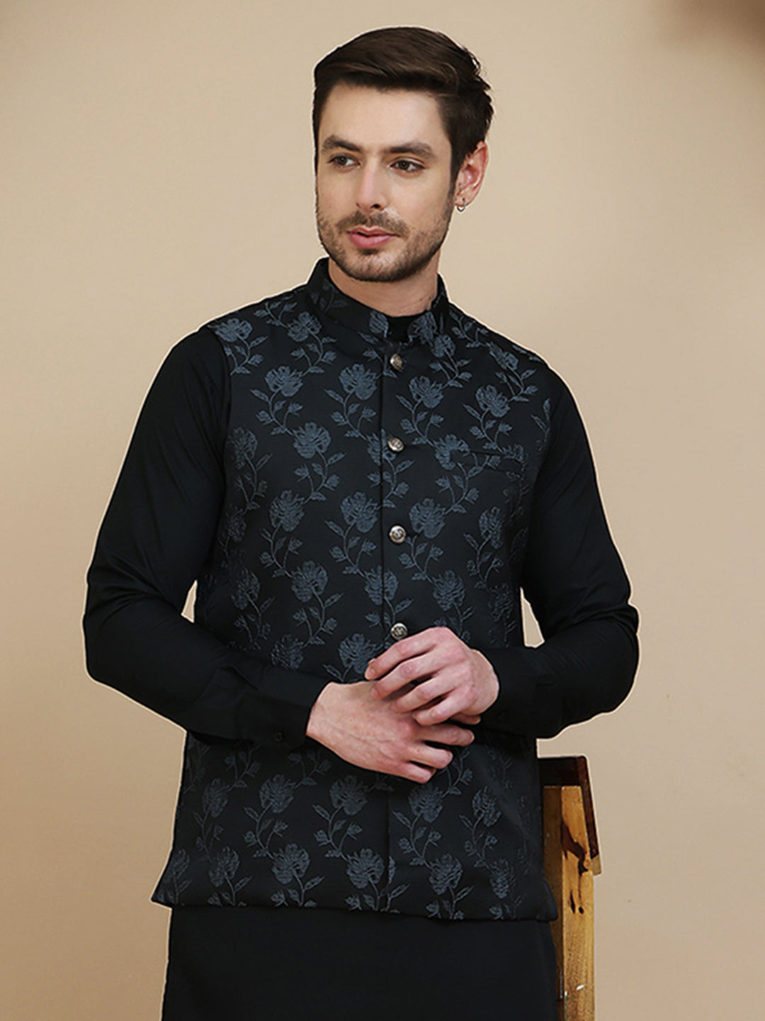 Embossed Nehru Jacket for Men ( JOWC 4133 Grey )