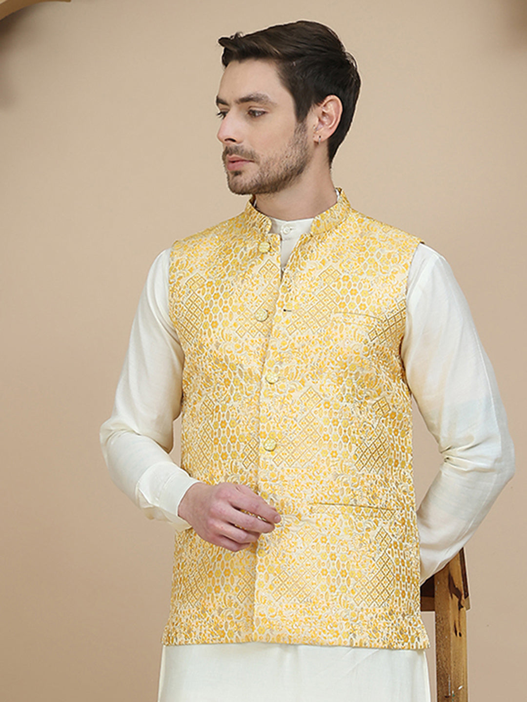 Woven Design Nehru Jacket for Men ( JOWC 4134 Yellow )
