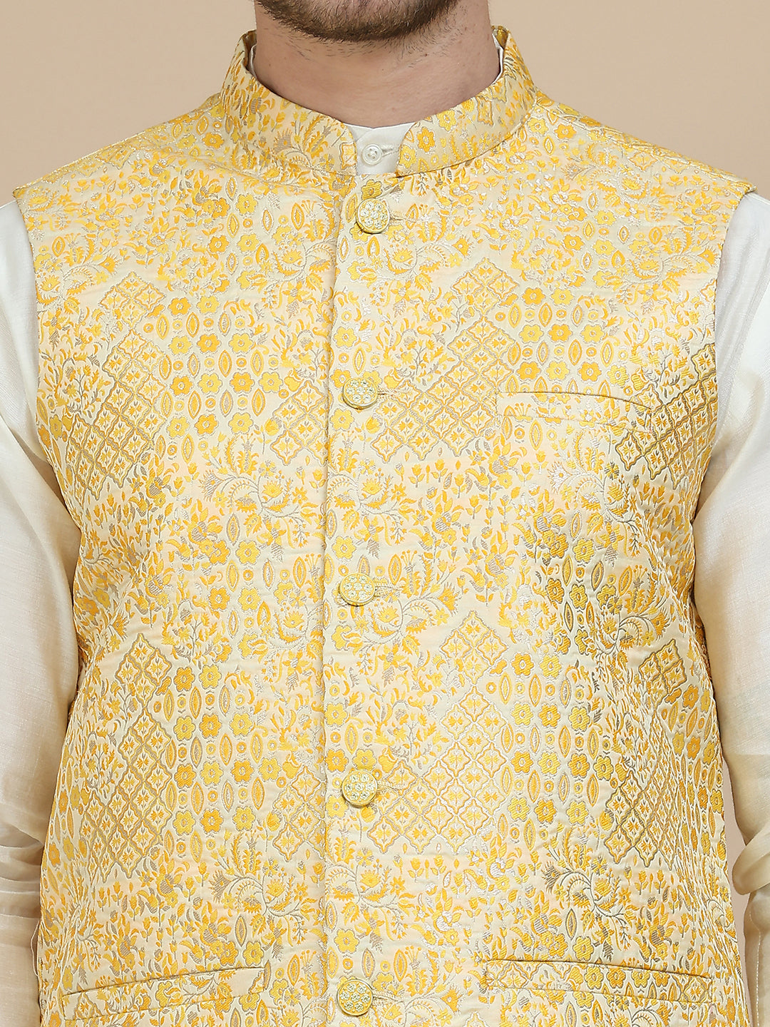 Woven Design Nehru Jacket for Men ( JOWC 4134 Yellow )