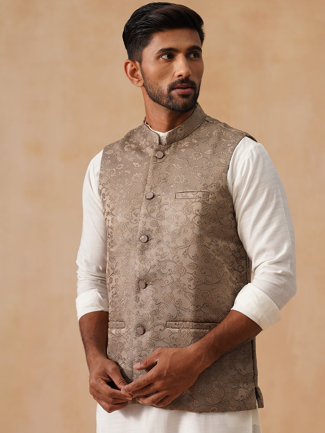 Woven Design Nehru Jacket for Men ( JOWC 4135 Brown )