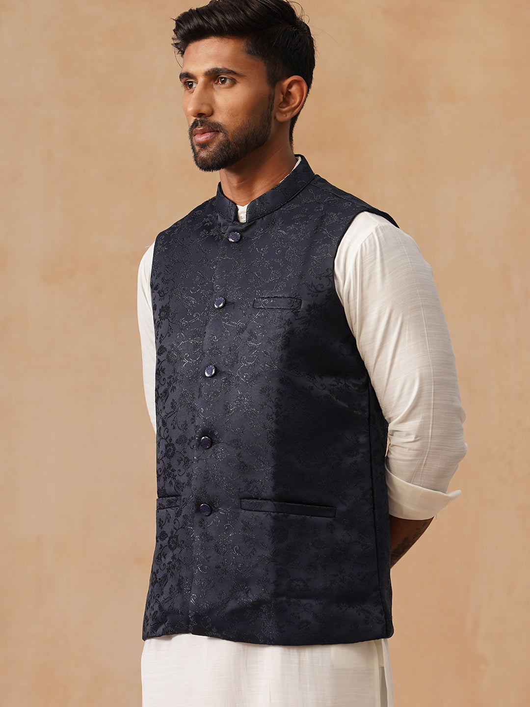 Woven Design Nehru Jacket for Men ( JOWC 4135 Navy )