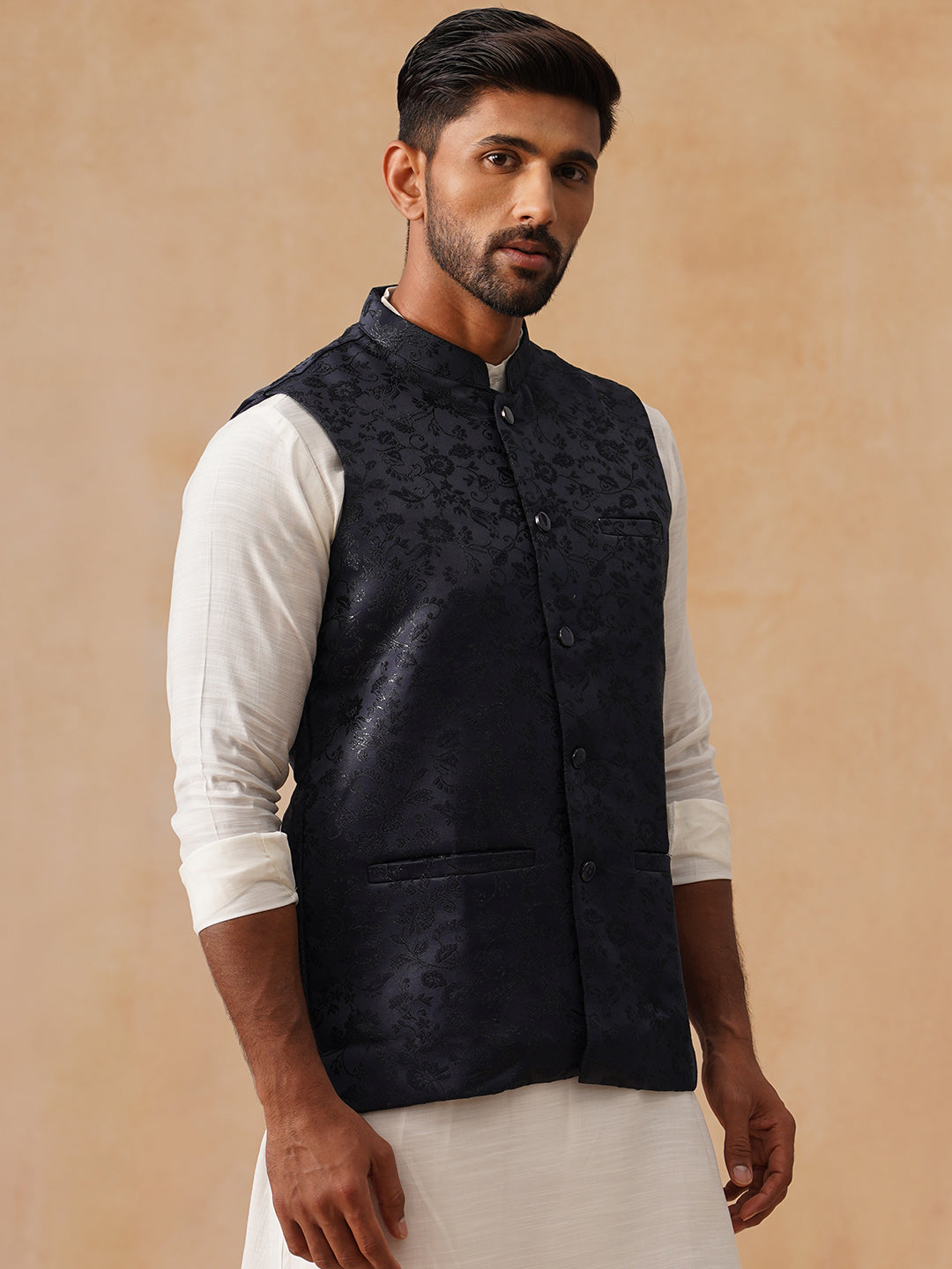 Woven Design Nehru Jacket for Men ( JOWC 4135 Navy )