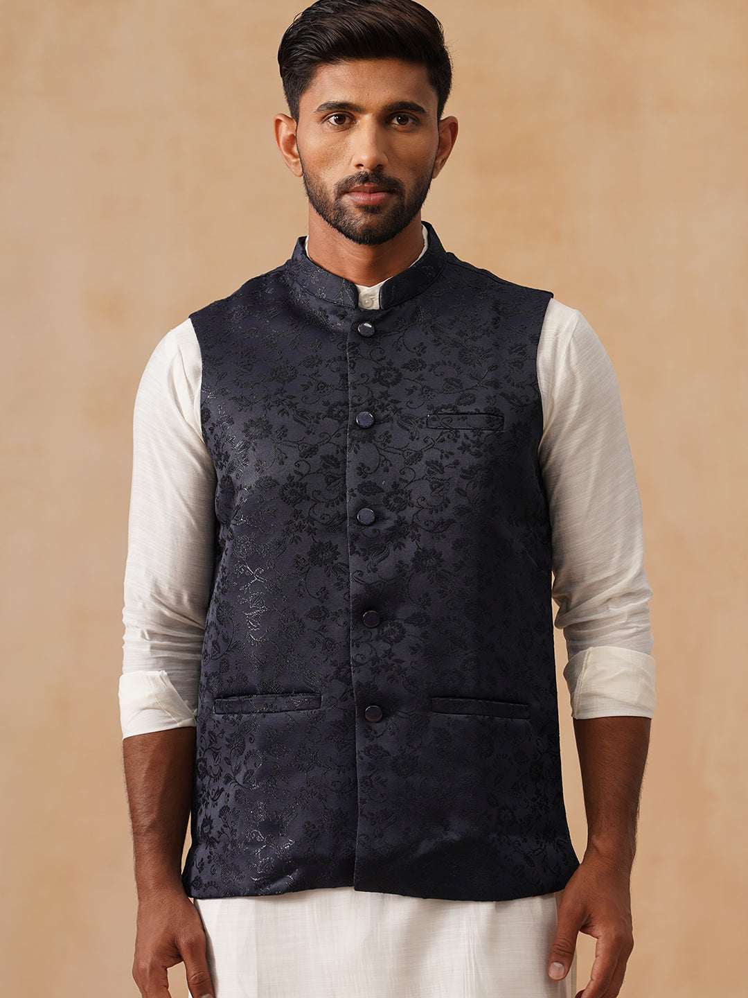 Woven Design Nehru Jacket for Men ( JOWC 4135 Navy )