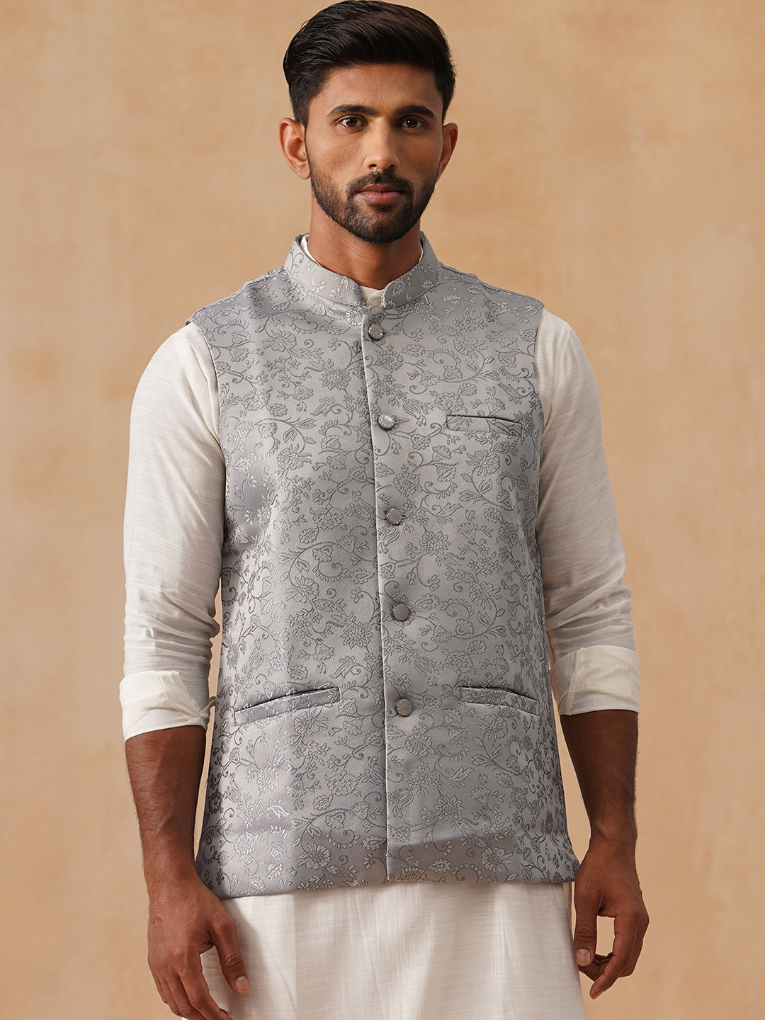 Woven Design Nehru Jacket for Men ( JOWC 4135 Silver )