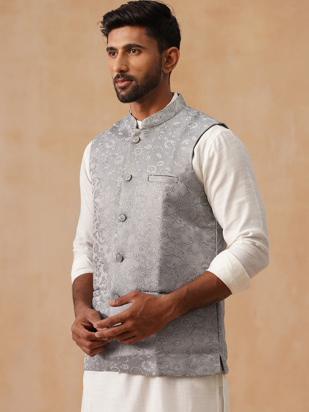 Woven Design Nehru Jacket for Men ( JOWC 4135 Silver )