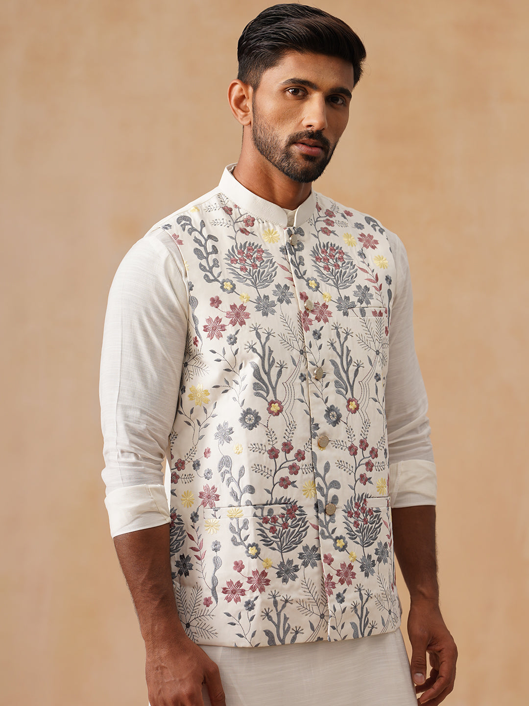Floral Embroidered Silk Blend Nehru Jacket ( JOWC 4136 White )