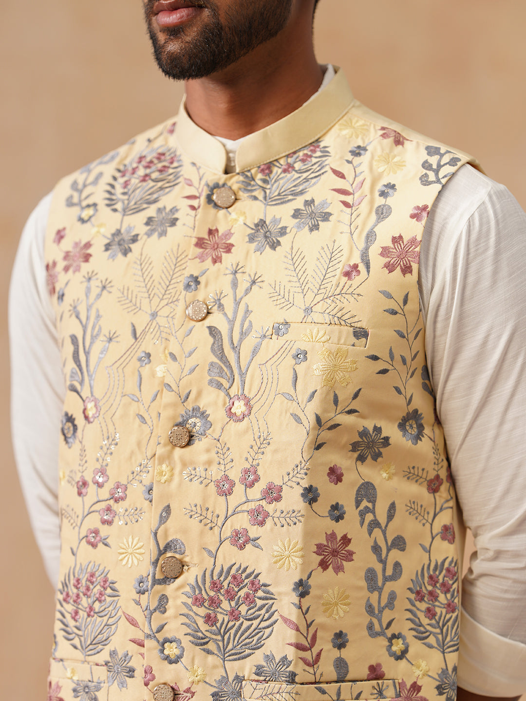 Floral Embroidered Silk Blend Nehru Jacket ( JOWC 4136 Yellow )