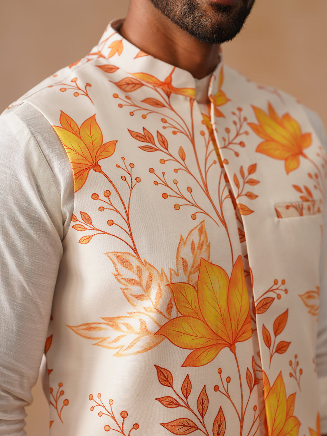 Floral Printed Silk Blend Nehru Jacket ( JOWC 4137 Orange )