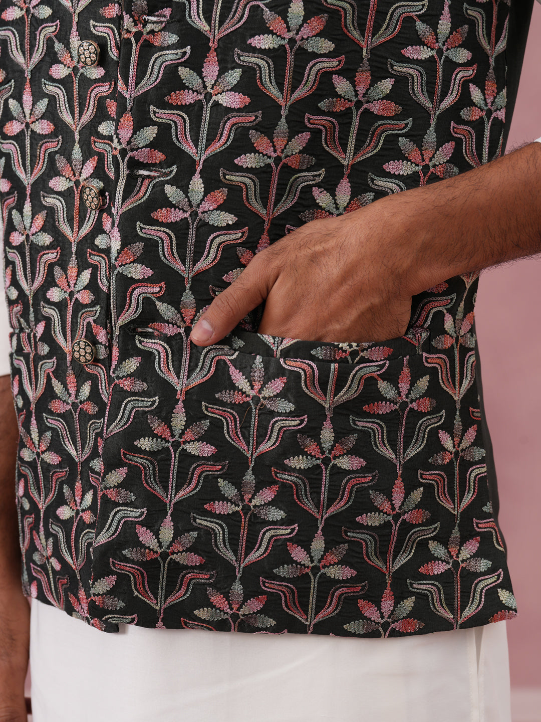 Floral Embroidered Silk Nehru Jacket ( JOWC 4142 Mehndi )
