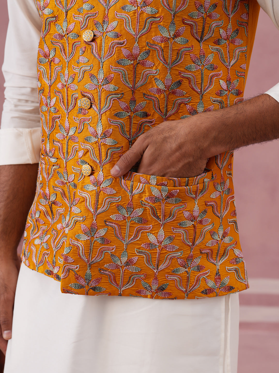 Floral Embroidered Silk Nehru Jacket ( JOWC 4142 Mustard )
