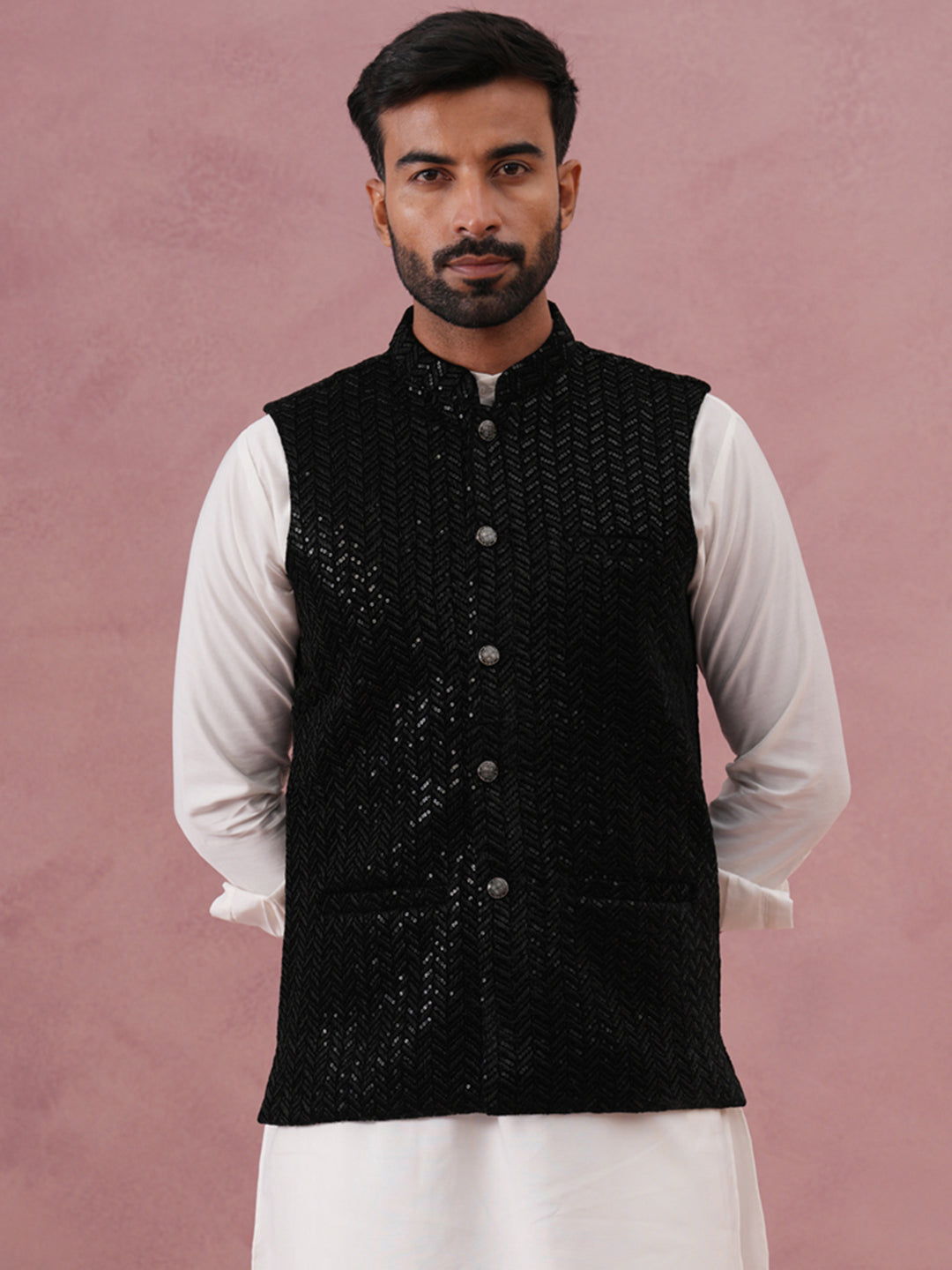 Men Velvet Sequin Work Nehru Jacket ( JOWC 4144 Black)