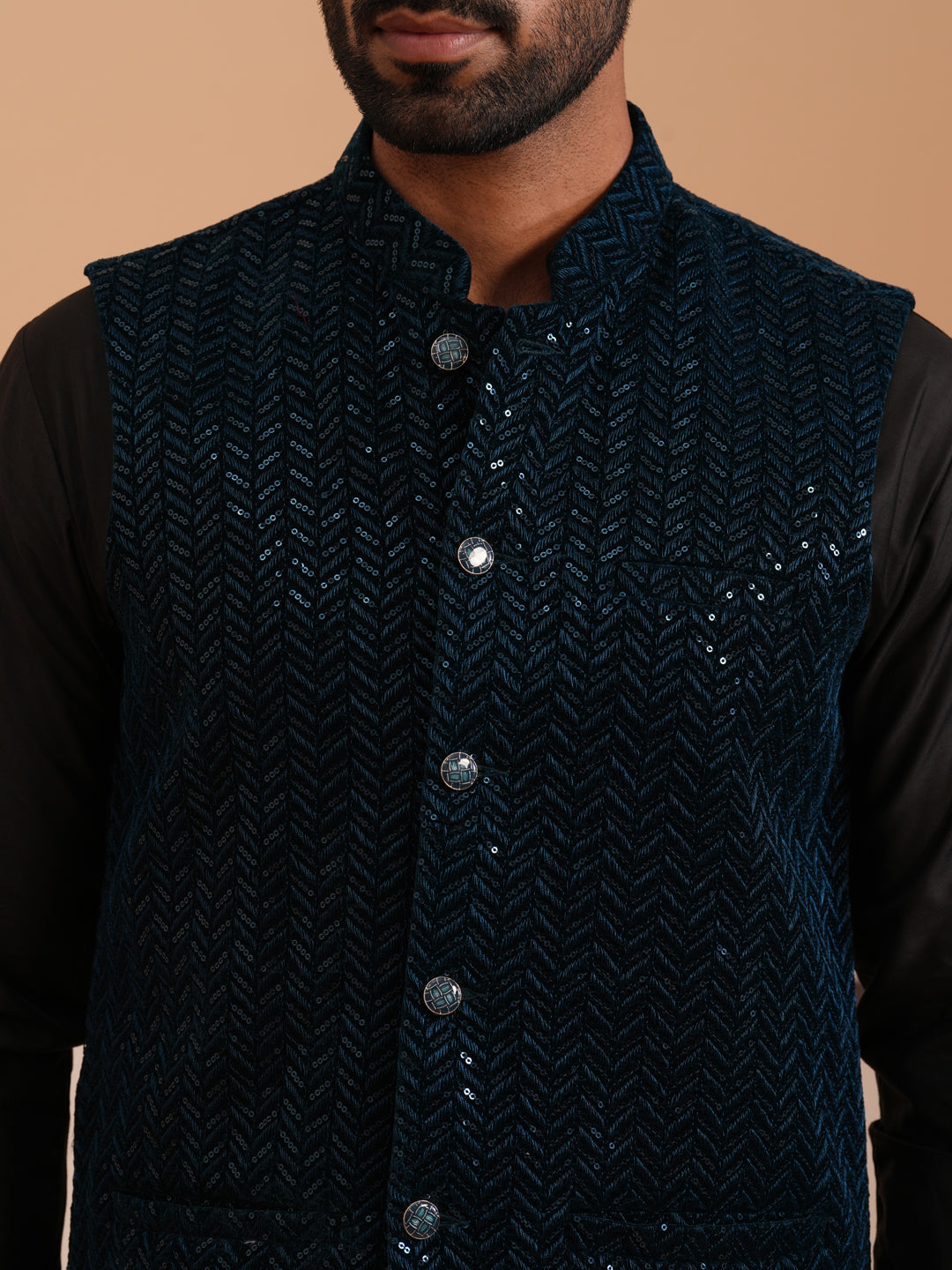 Men Velvet Sequin Work Nehru Jacket ( JOWC 4144 Navy)