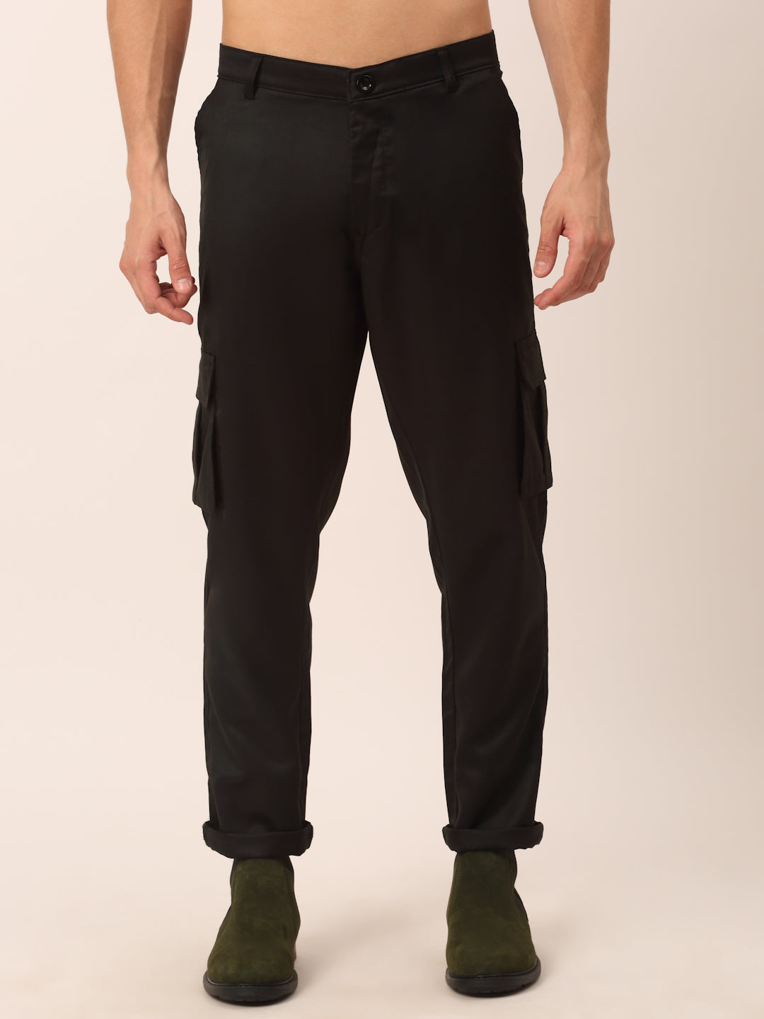 Indian Needle Men's Casual Cotton Solid Cargo Pants ( KGP 154Black )