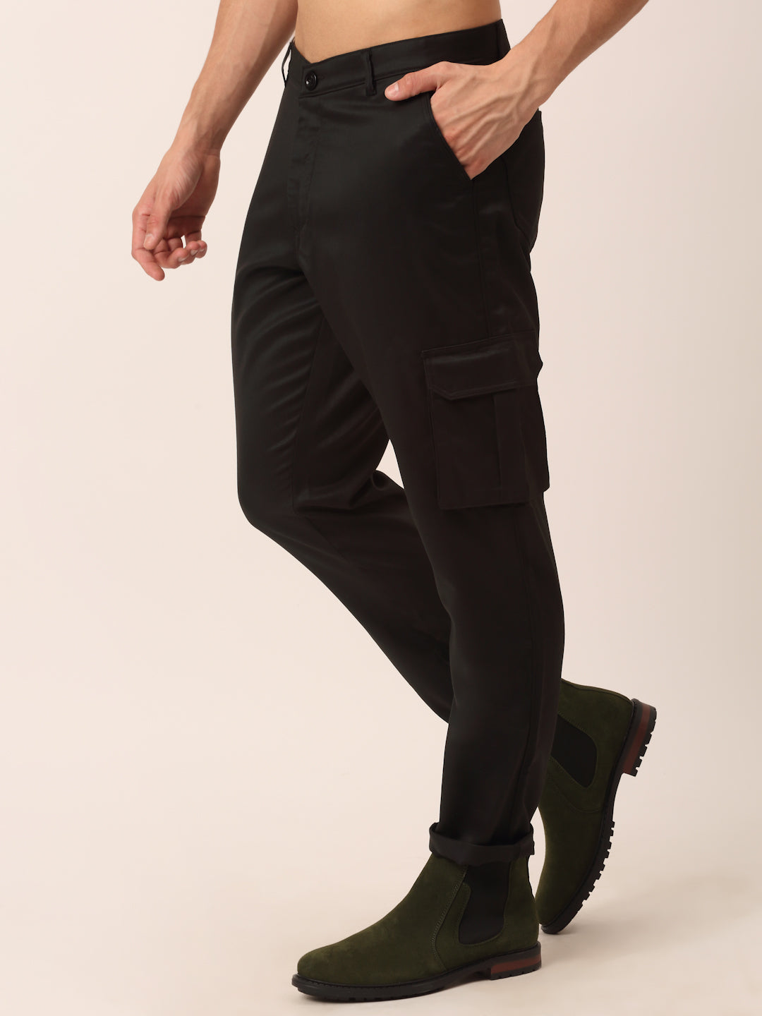 Indian Needle Men's Casual Cotton Solid Cargo Pants ( KGP 154Black )