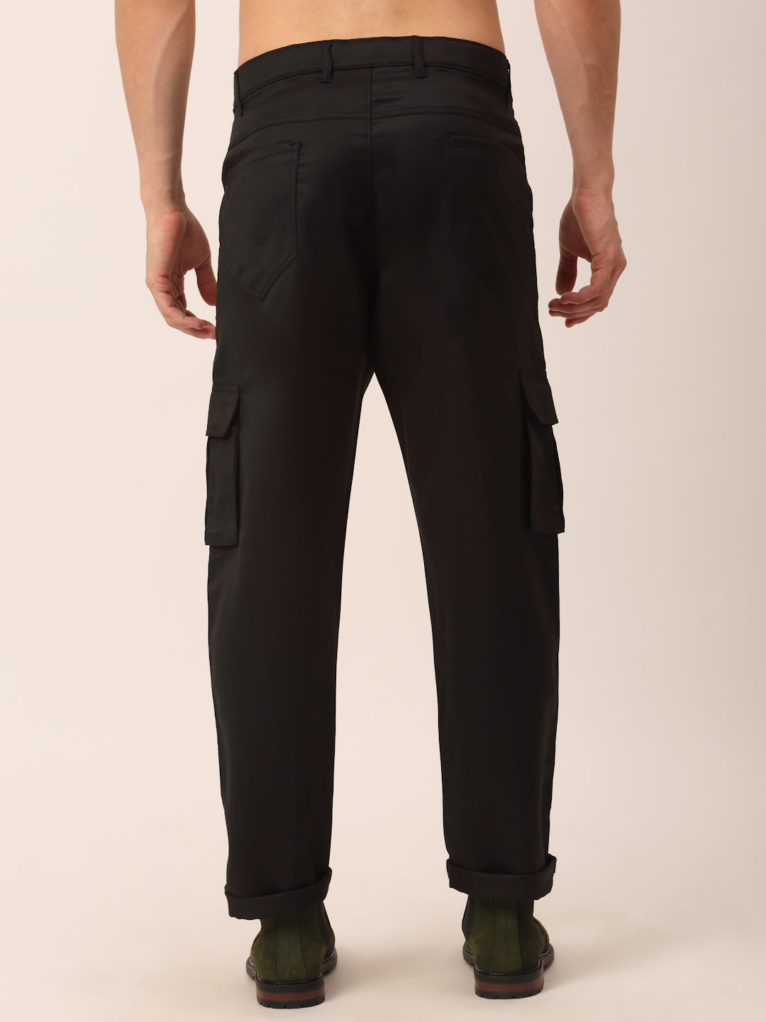 Indian Needle Men's Casual Cotton Solid Cargo Pants ( KGP 154Black )