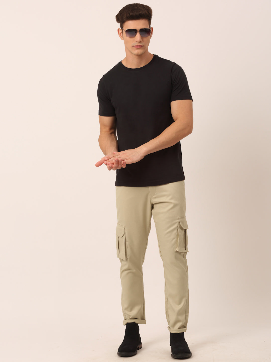 Indian Needle Men's Casual Cotton Solid Cargo Pants ( KGP 154Cream )